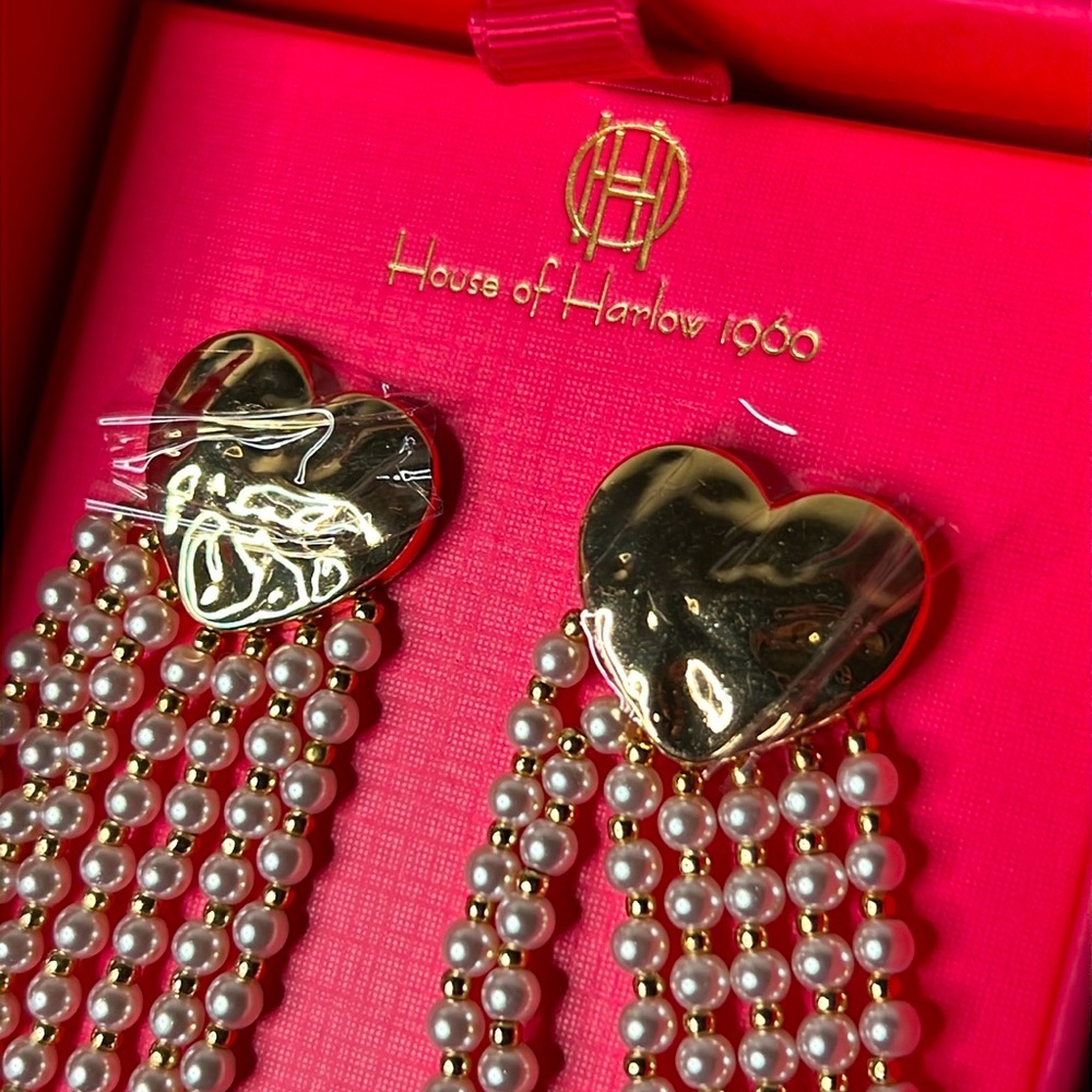 House of Harlow Heart Pearl Bead Drop Earrings, Gold/ Pearl NWT - Picture 3 of 3